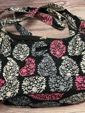 Vera Bradley Black Crossbody with Pink and Gray Floral Medallions